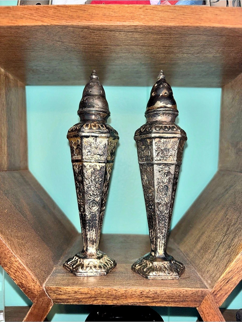 Vintage brass and silver antique salt n pepper ornate